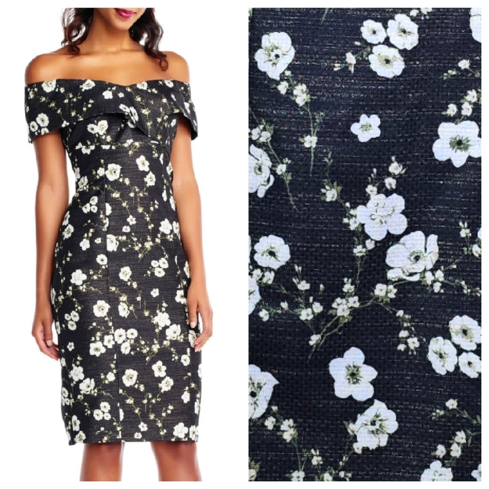 NWT Adrianna Papell Floral Printed Boatneck Metallic Sheath Dress